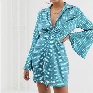 Missguided Satin Dress, Twist Front, Blue PolkaDot